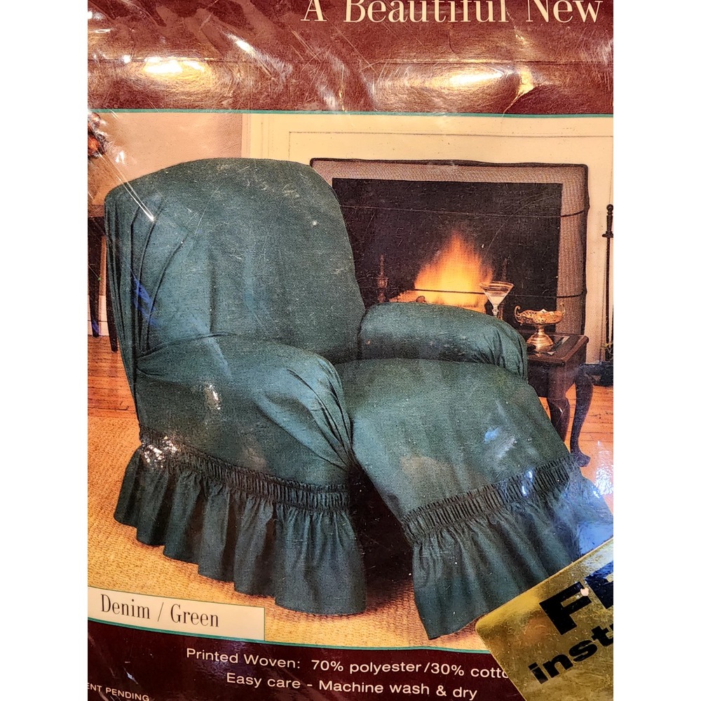 Cannon Surefit Recliner Cover Denim/Green with Ruffle   NOS